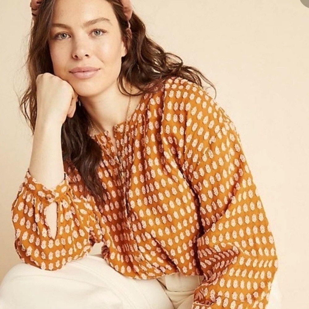Anthropologie Rust Orange Printed Peasant Blouse - Picture 16 of 16